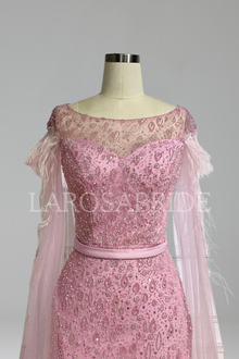 Cape-Sleeve Feather Beaded Mermaid Dress-Larosabride