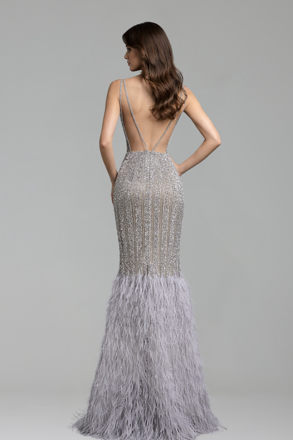 Feather V-Neck Sleeveless Mermaid Gown - LAROSABRIDE
