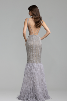 Feather V-Neck Sleeveless Mermaid Gown - LAROSABRIDE