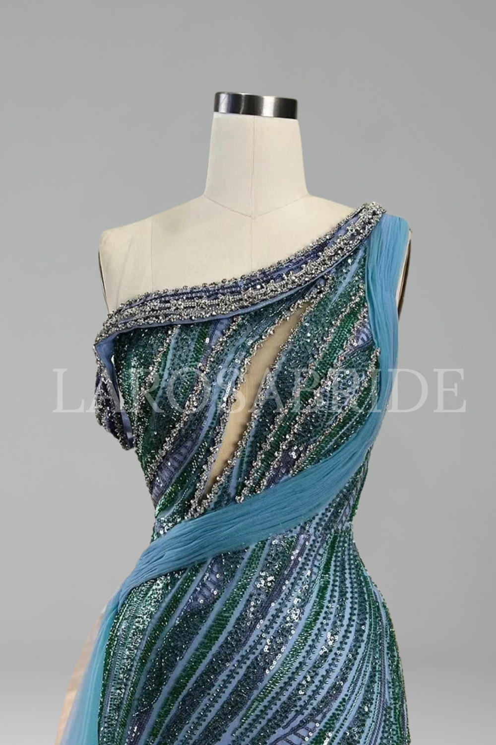Blue One-Shoulder Beaded Mermaid Gown with Split - LAROSABRIDE