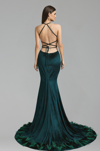 Feathered Embellished Mermaid Gown