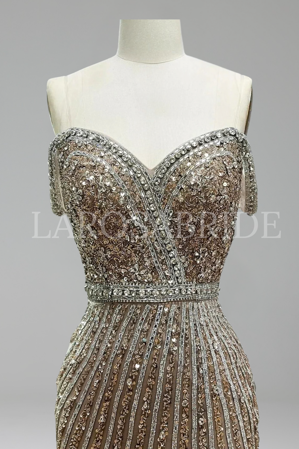 Caramel Mermaid Gown with Feathers and Beads - LAROSABRIDE
