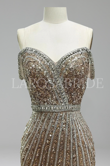 Caramel Mermaid Gown with Feathers and Beads - LAROSABRIDE