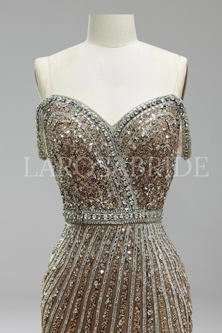 Caramel Mermaid Gown with Feathers and Beads - LAROSABRIDE