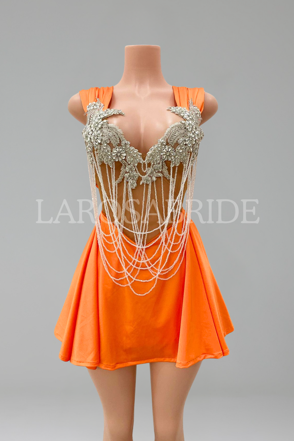Beaded Appliqué Draped Mini Dress-Larosabride
