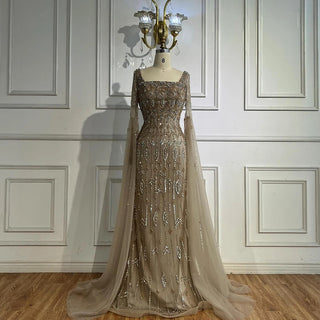 Ships in 2 to 5 Days - Luxury Caramel Saudi-Inspired Evening Dress – Elegant Gown with Long Sleeves and Flowing Cape