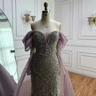 Ships in 2 to 5 Days - 2025 Custom Off-Shoulder Nude Beaded Mermaid Evening Dress – Saudi-Inspired Gown with Overskirt for Formal Occasions