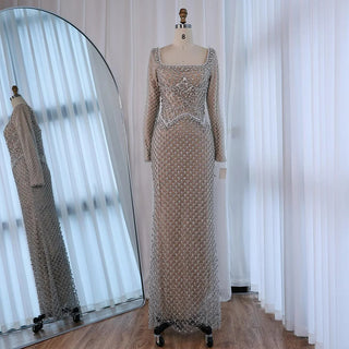 Luxury Pearl Beaded Mermaid Evening Gown with Long Sleeves – Formal Occasion Dress