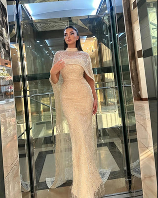 Ships in 2 to 5 Days - Luxury Nude Mermaid Evening Gown with Long Cape – Saudi Arabic Formal Dress