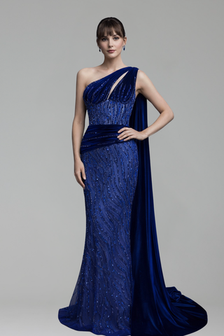 Beaded One Shoulder Mermaid Dress