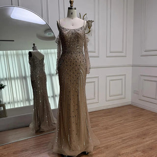 Rose-Gold Beaded Cold-Shoulder Gown