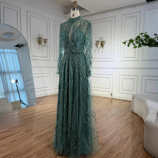 Ships in 2 to 5 Days - Elegant Turquoise A-Line Evening Dress – High Neck Beaded Formal Gown for Women