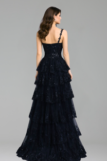 One-Shoulder Tiered Lace A-Line Dress-Larosabride