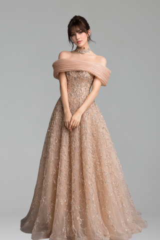 Off-Shoulder Beaded A-Line Gown - LAROSABRIDE