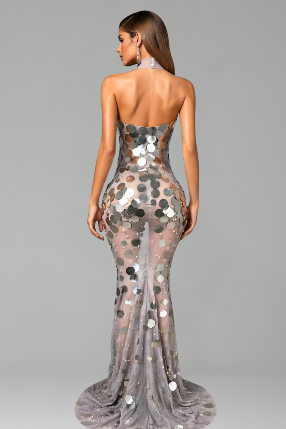 Sequin Disc Strapless Choker Gown - LAROSABRIDE