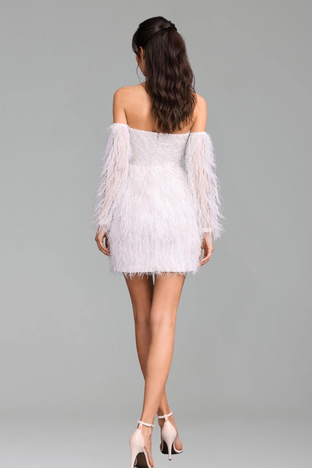 Strapless Feather Beaded Mini Dress - LAROSABRIDE