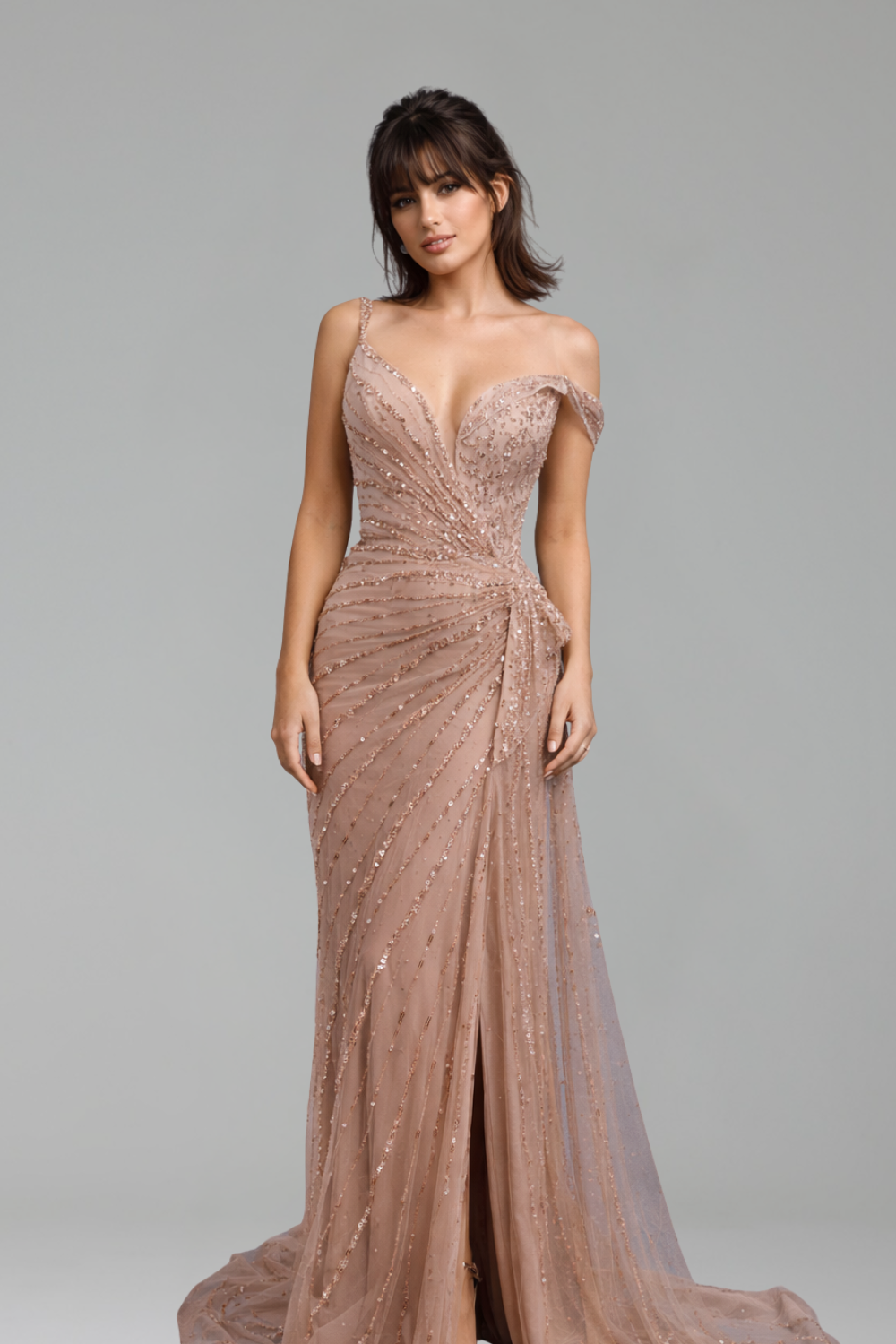 Beaded Mermaid Gown with Side Slit - LAROSABRIDE