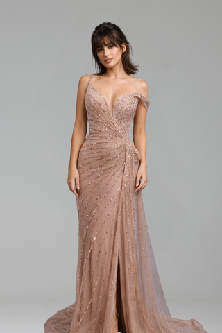 Beaded Mermaid Gown with Side Slit - LAROSABRIDE