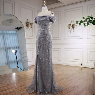Silver Off-Shoulder Beaded Gown