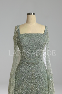 Pearl Beaded Dress with Cape Sleeves-Larosabride