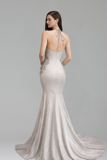 Iridescent Satin Lace Halter Mermaid Gown - LAROSABRIDE