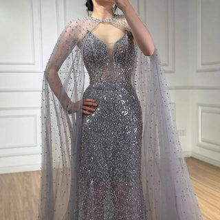 Ships in 2 to 5 Days - Luxury Purple Beaded Sequin Mermaid Evening Gown with Cape – Elegant Formal Dress