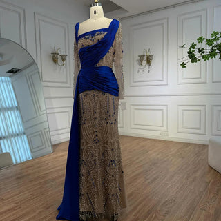 Royal-Blue Draped Crystal Gown
