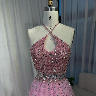 Ships in 2 to 5 Days - Customized Saudi Arabic Caramel Halter Beaded Tulle A-Line Evening Dress – Party Gown for Formal Occasions