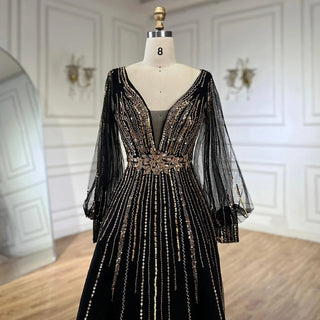 2025 Black Lantern Long Sleeves Evening Dress - Luxury Beaded A-Line Gown for Women’s Parties