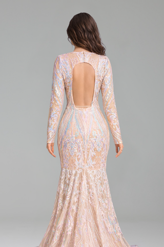 Long Sleeve Sequin Slit Gown