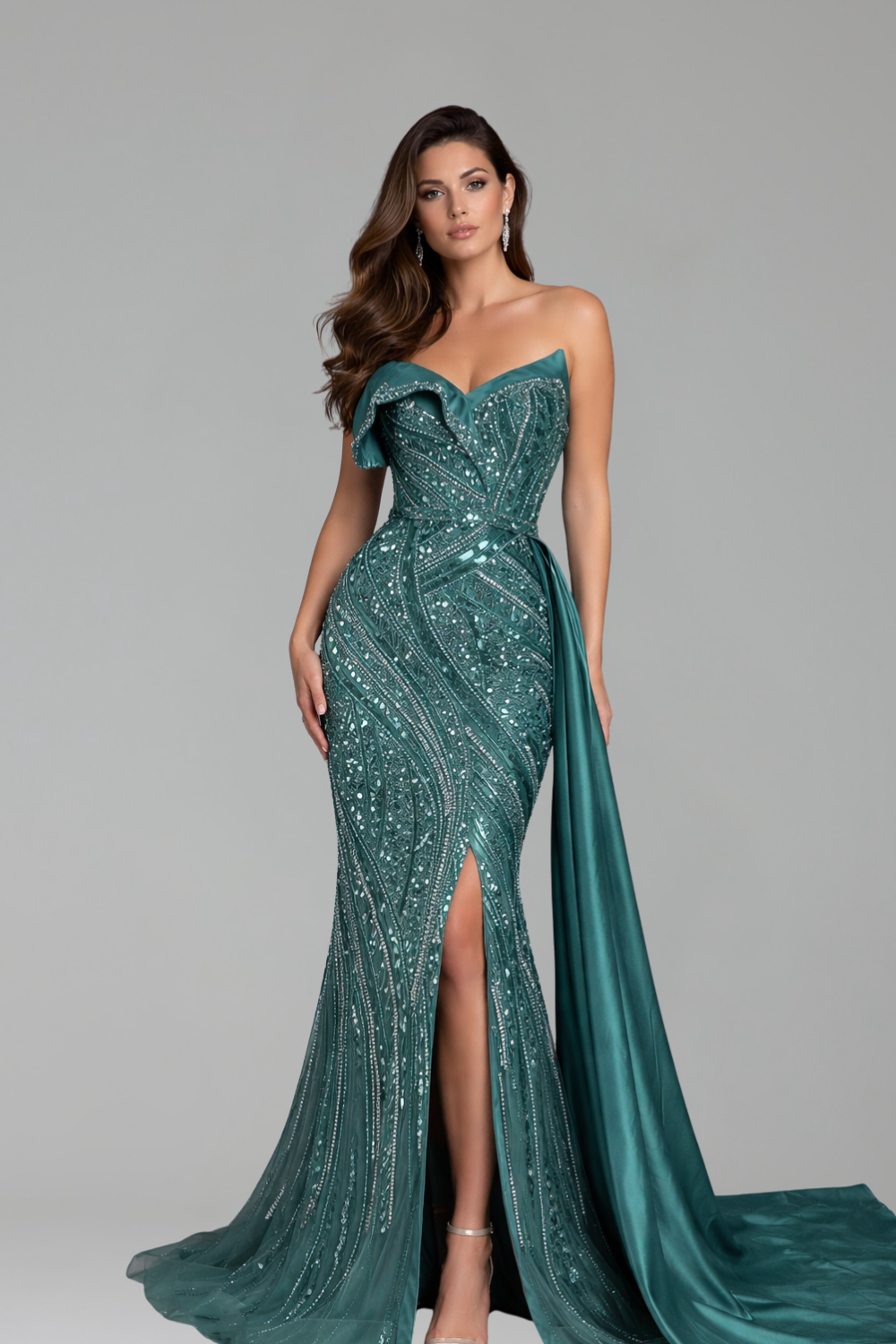 Beaded One Shoulder Evening Dress - LAROSABRIDE