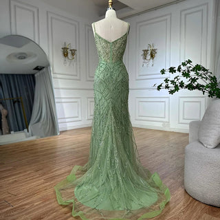 Ships in 2 to 5 Days - Sage Green Beaded Evening Gown – Elegant Dress with Detachable Overskirt for Parties