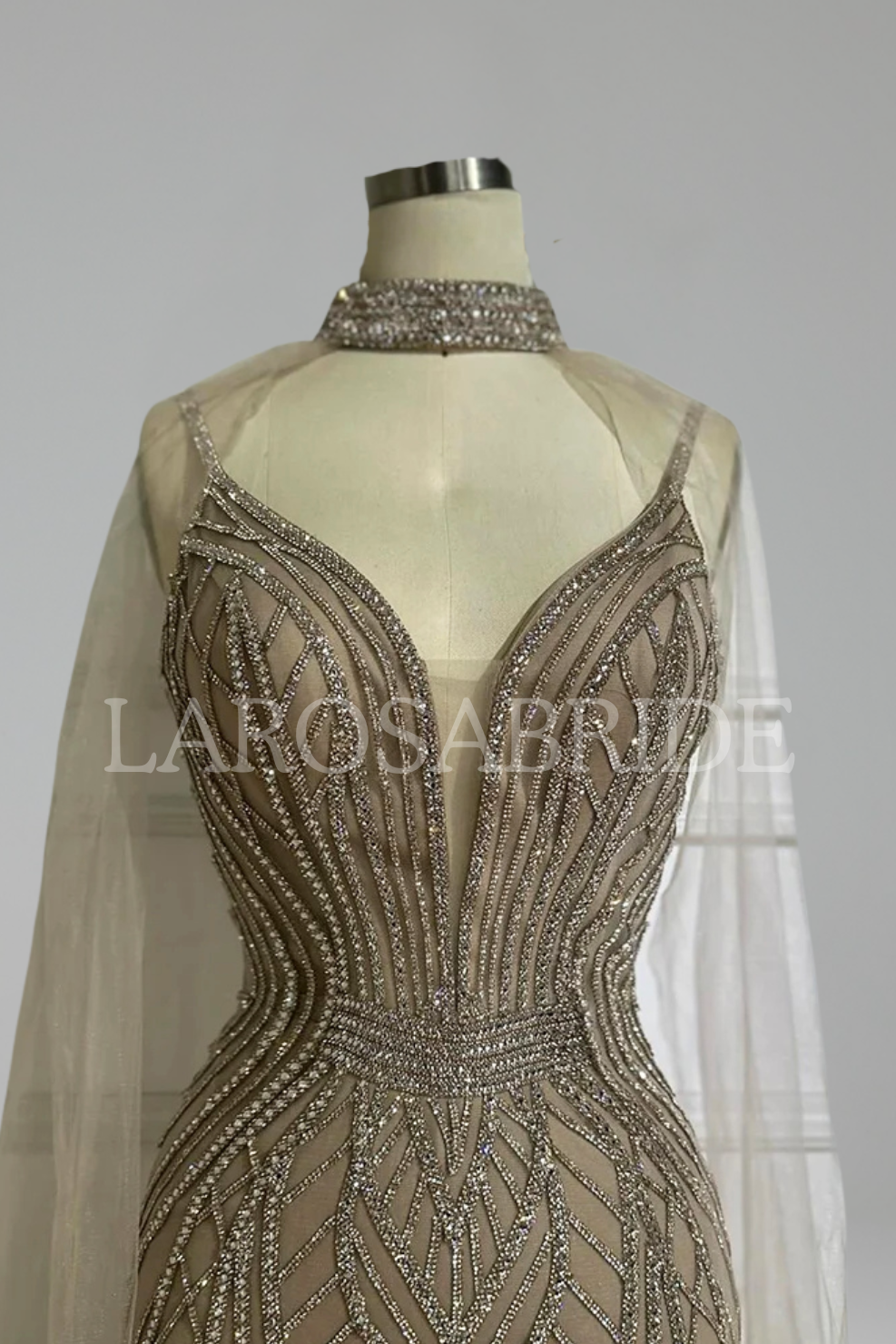 Beaded Cape-Sleeve Mermaid Dress-Larosabride