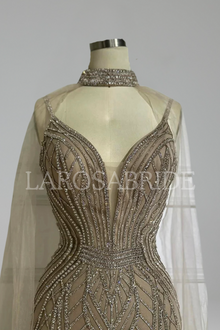 Beaded Cape-Sleeve Mermaid Dress-Larosabride