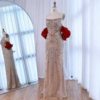 Embellished Off-Shoulder Gown with Dramatic Red Sleeves