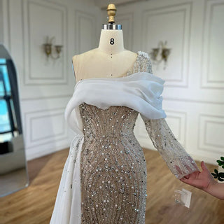 Draped Beaded One-Shoulder Gown