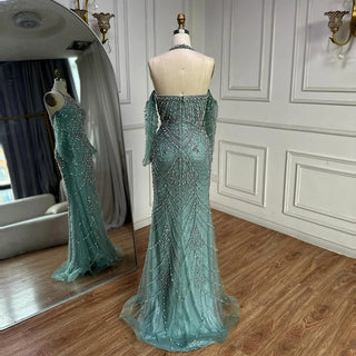 Ships in 2 to 5 Days - Elegant Beaded Halter Gown with Sheer Sleeves