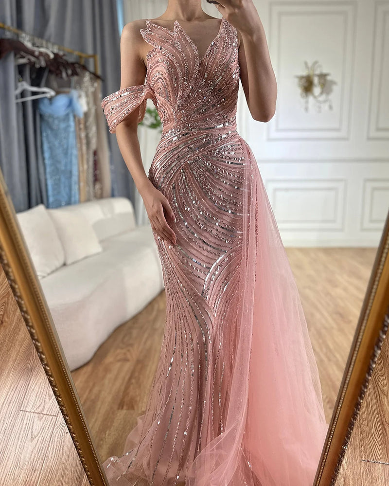 Ships in 2 to 5 Days - 2025 Arabic Pink Mermaid Evening Gown with One Shoulder and Beaded Detailing - Elegant Long Dress for Formal Occasions