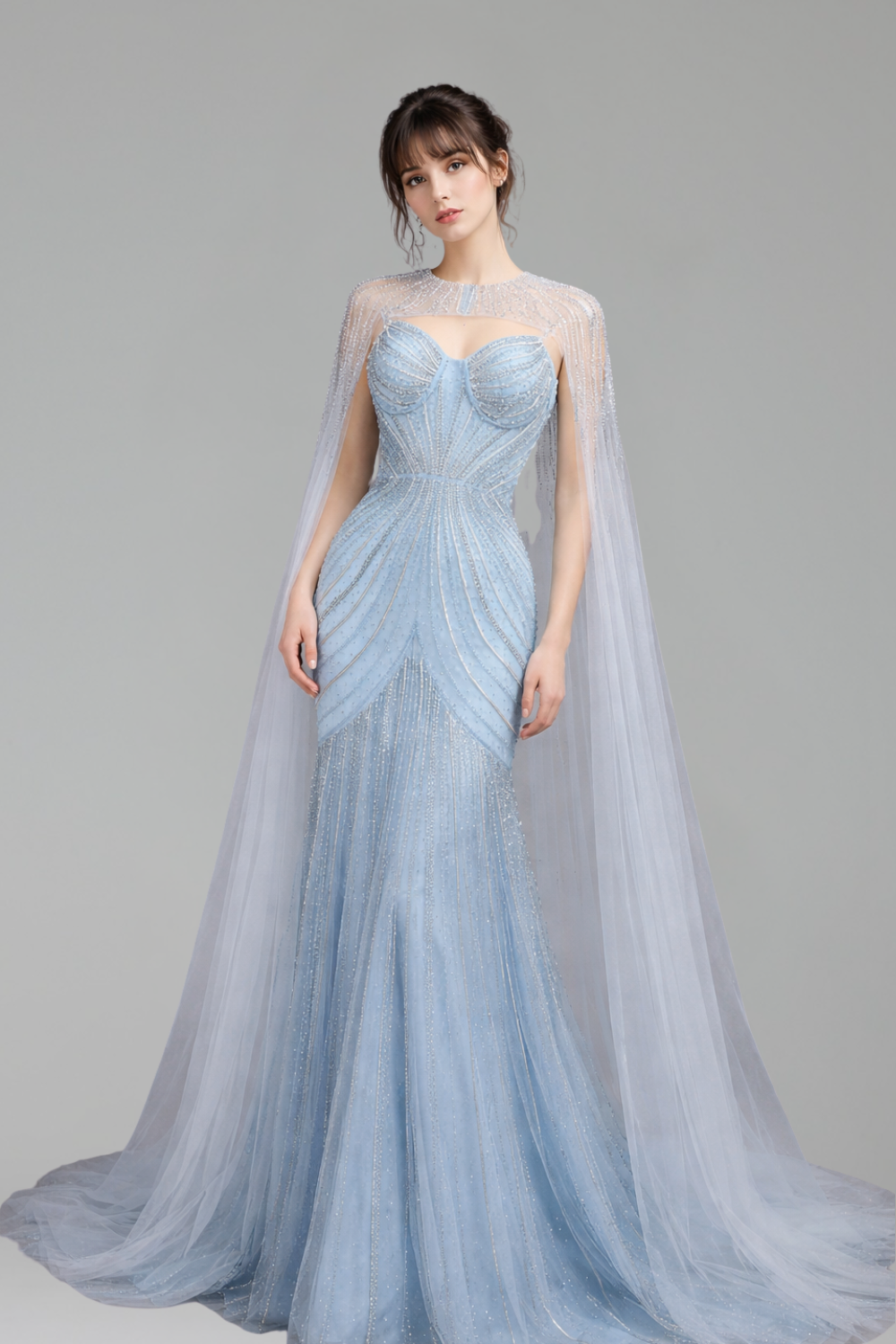 Beaded Spaghetti Strap Cape Dress - LAROSABRIDE