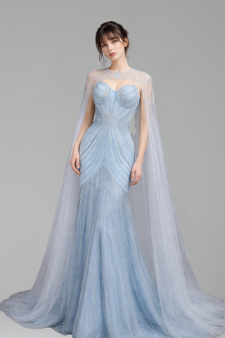 Beaded Spaghetti Strap Cape Dress - LAROSABRIDE