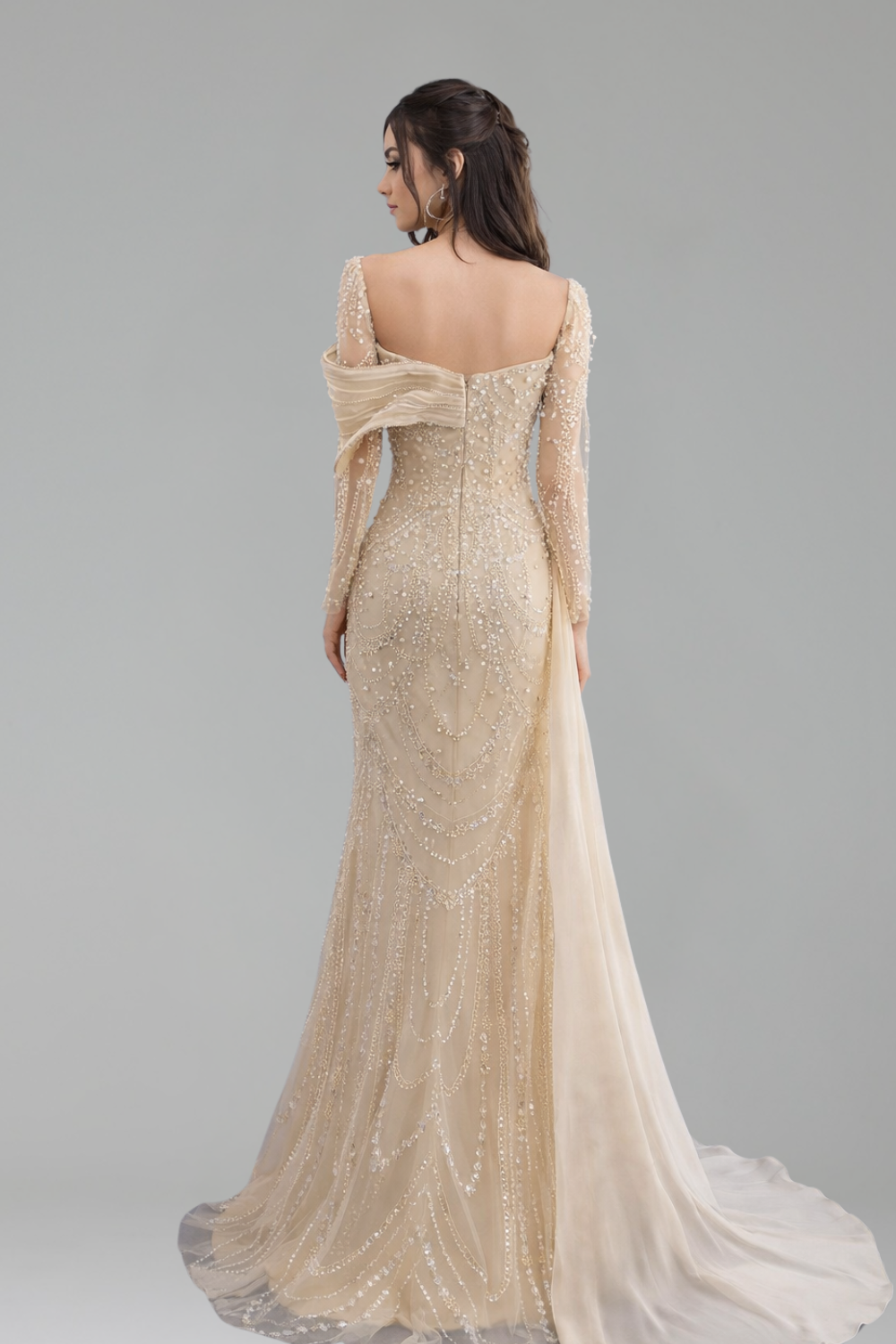 Long-Sleeve Crystal Beaded Dress-Larosabride