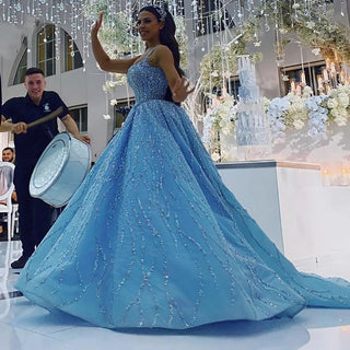 2025 Blue Luxury High-End Wedding Dress - Beaded Sleeveless Lace-Up Bridal Gown