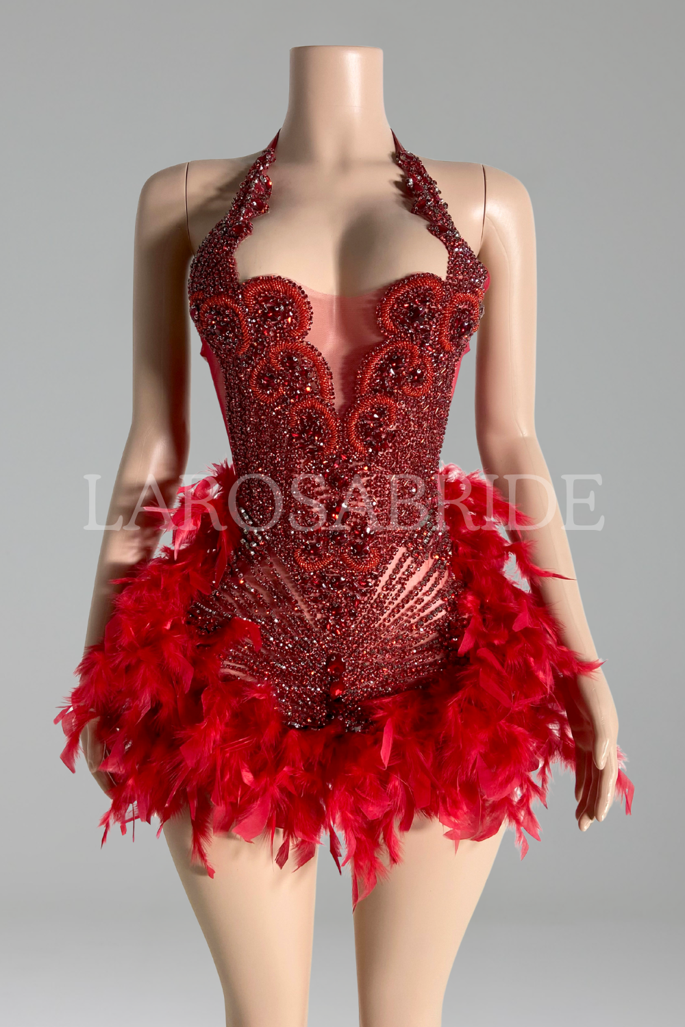 Beaded Halter Feather Mini Dress-Larosabride