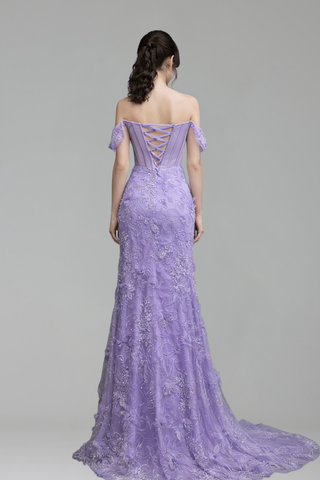 Off Shoulder Beaded High Slit Tulle - LAROSABRIDE