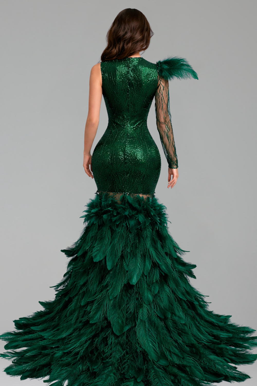 One-Shoulder Feathered Beaded Gown-Larosabride