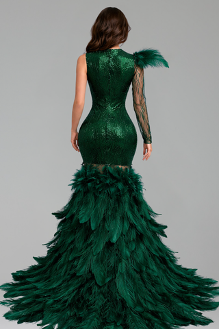 One-Shoulder Feathered Beaded Gown