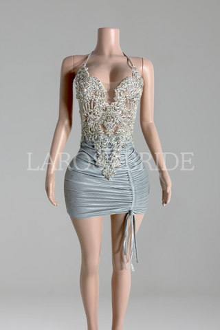 Beaded Halter Ruched Mini