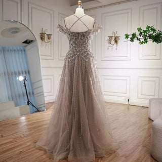 Ships in 2 to 5 Days - Luxury Customized Gray Beaded Arabic Off-Shoulder A-Line Evening Dress – 2025 Collection