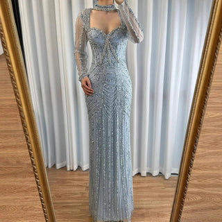 Ships in 2 to 5 Days - 2025 Caramel Beaded Mermaid Evening Gown – Long Sleeve Formal Dress for Weddings & Parties