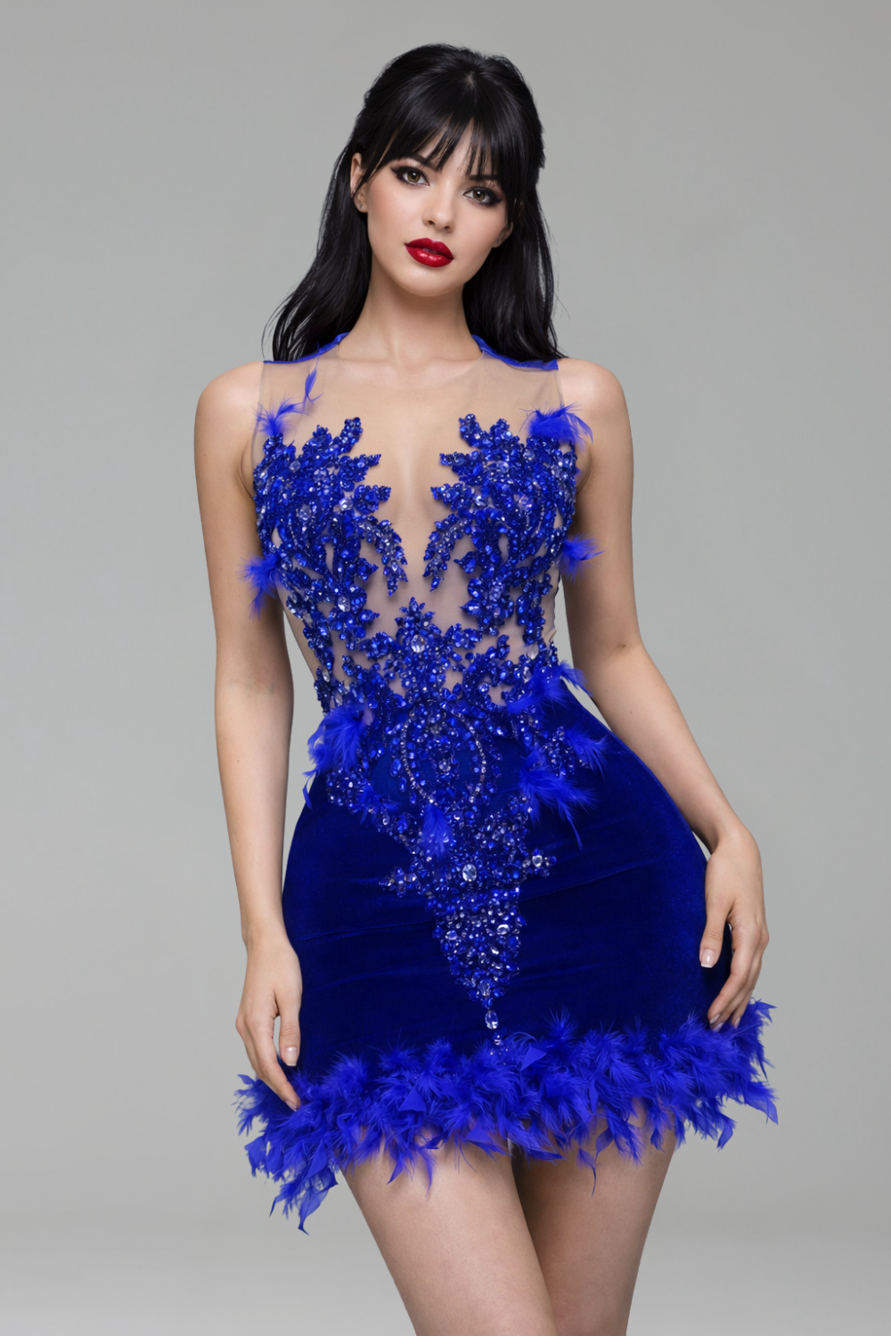 Feather Trim Embellished Mini Dress - LAROSABRIDE